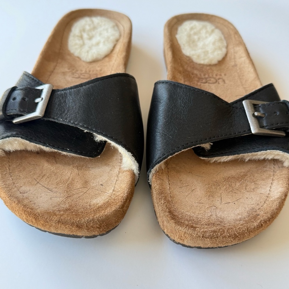 UGG Black Leather Slide Sandals